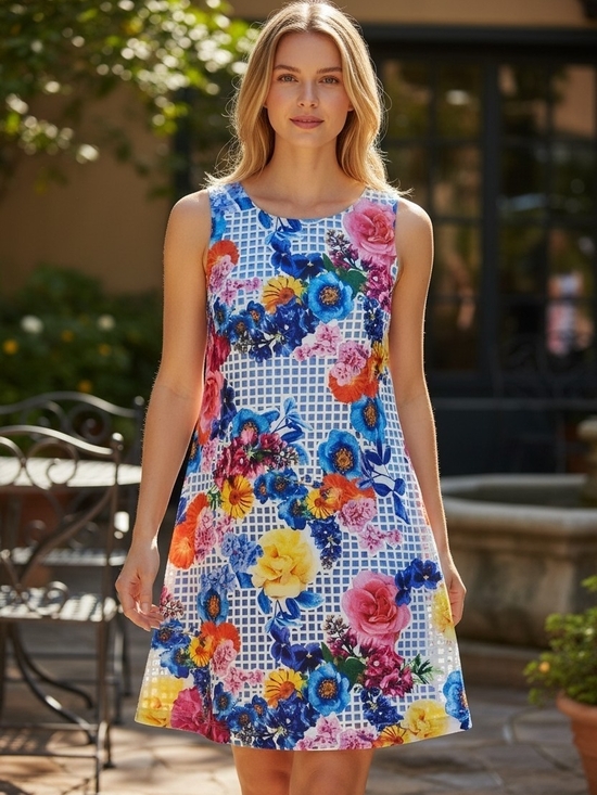 signatureby Robbie Bee Dresses & Skirts - RobbieBee Sleeveless Floral Grid Mini Dress - Blue Multi